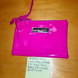 ✅New Lancome Hot    Fuschia Patent Cosmetic Bag Bow Crystal Rose Logo Zip Pull